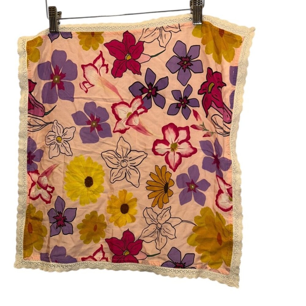 Hawaiian tropical plumeria flowers floral  print lace trim handkerchief scarf